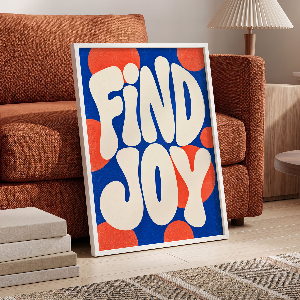 Find Joy in Colour, blue, beige, orange abstract wall art displayed in a styled interior, gallery view 5