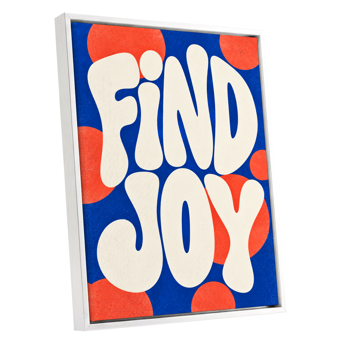 Find Joy in Colour, blue, beige, orange abstract wall art shown as a white framed canvas wall art