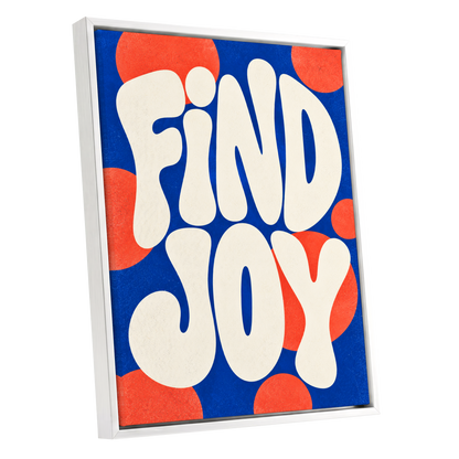 Find Joy in Colour, blue, beige, orange abstract wall art shown as a white framed canvas wall art