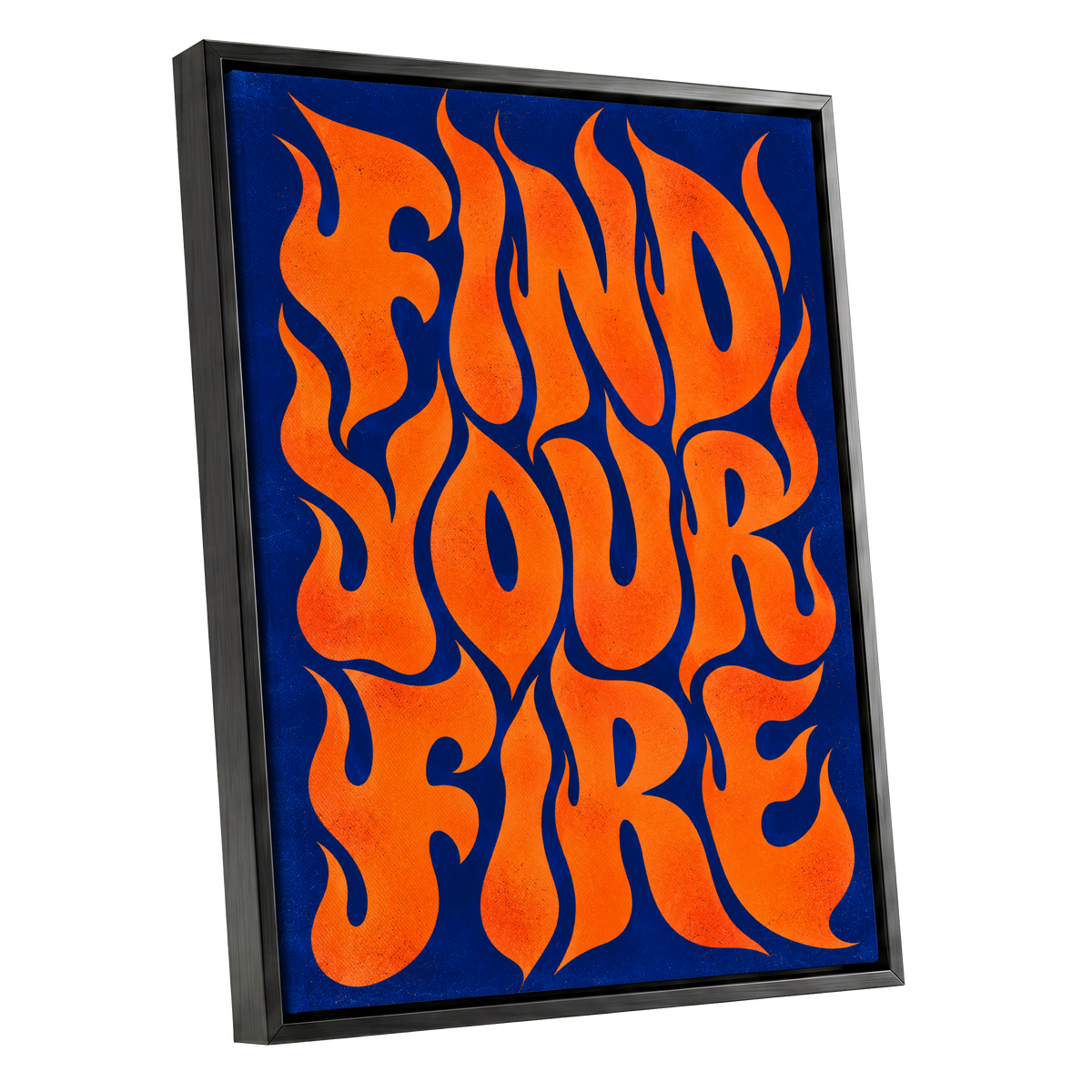 Find Your Fire, orange, blue abstract wall art shown as a black framed canvas wall art