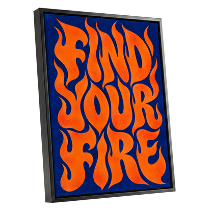 Find Your Fire, orange, blue abstract wall art shown as a black framed canvas wall art