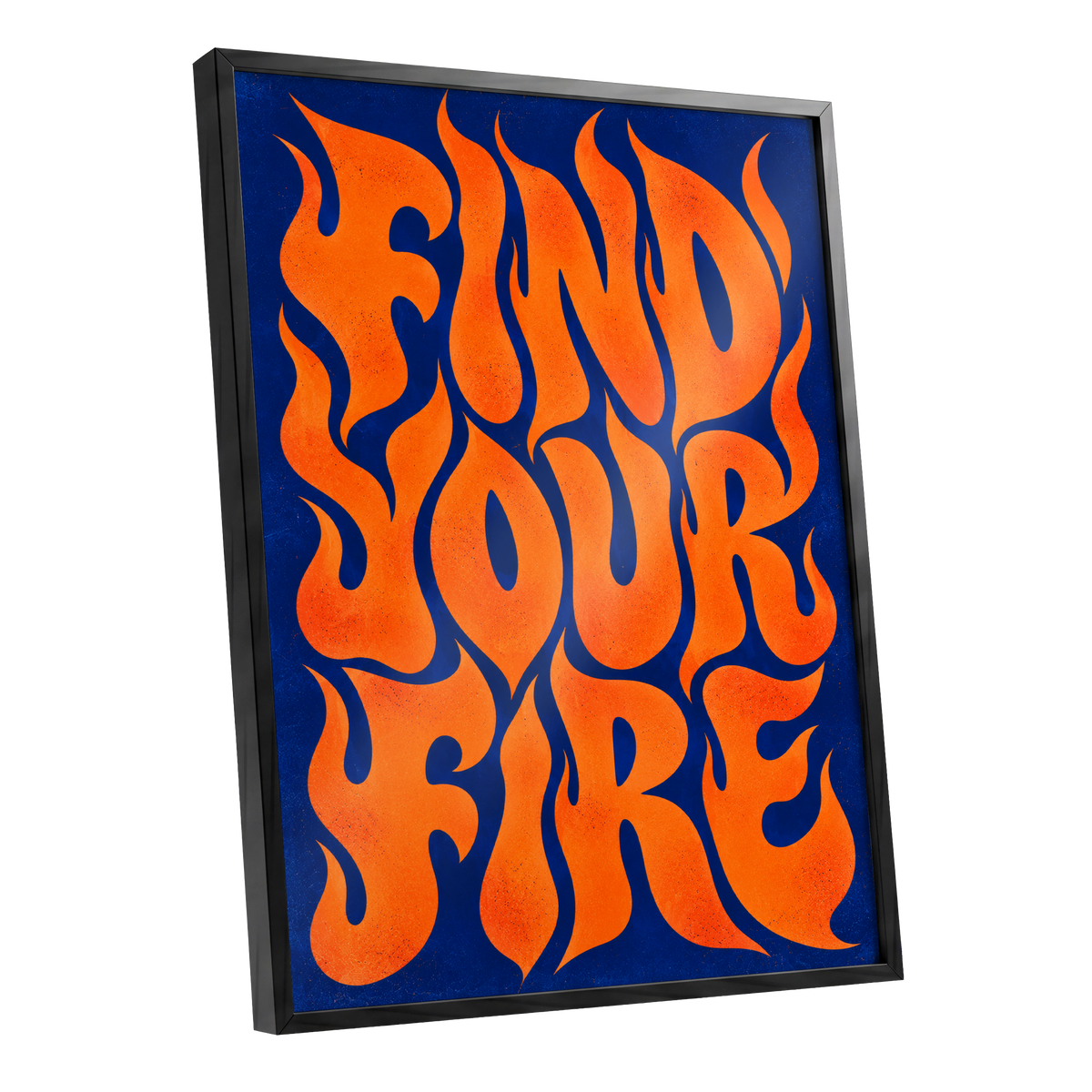 Find Your Fire, orange, blue abstract wall art shown as a black framed poster wall art print
