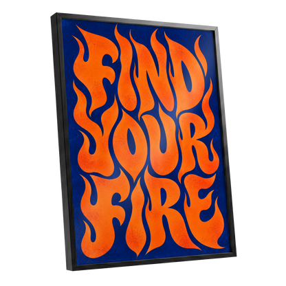 Find Your Fire, orange, blue abstract wall art shown as a black framed poster wall art print