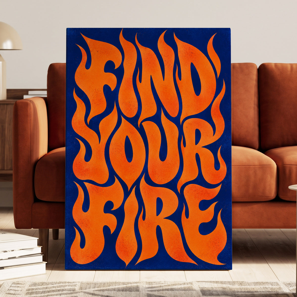 Find Your Fire, orange, blue abstract wall art on canvas displayed in a styled interior, gallery view 1