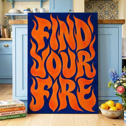 Find Your Fire, orange, blue abstract wall art on canvas displayed in a styled interior, gallery view 2
