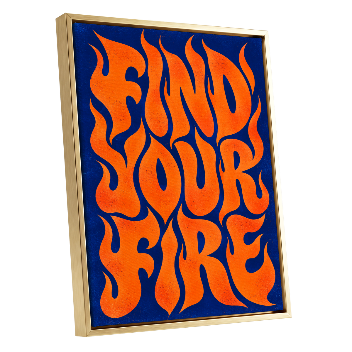 Find Your Fire, orange, blue abstract wall art shown as a gold framed canvas wall art