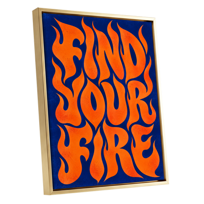 Find Your Fire, orange, blue abstract wall art shown as a gold framed canvas wall art