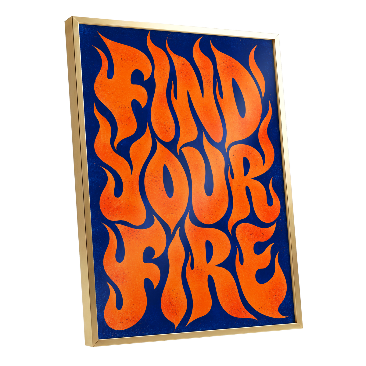 Find Your Fire, orange, blue abstract wall art shown as a gold framed poster wall art print