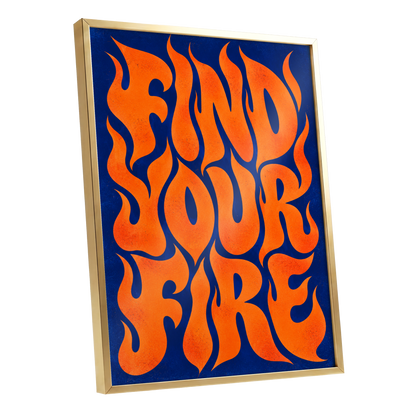Find Your Fire, orange, blue abstract wall art shown as a gold framed poster wall art print