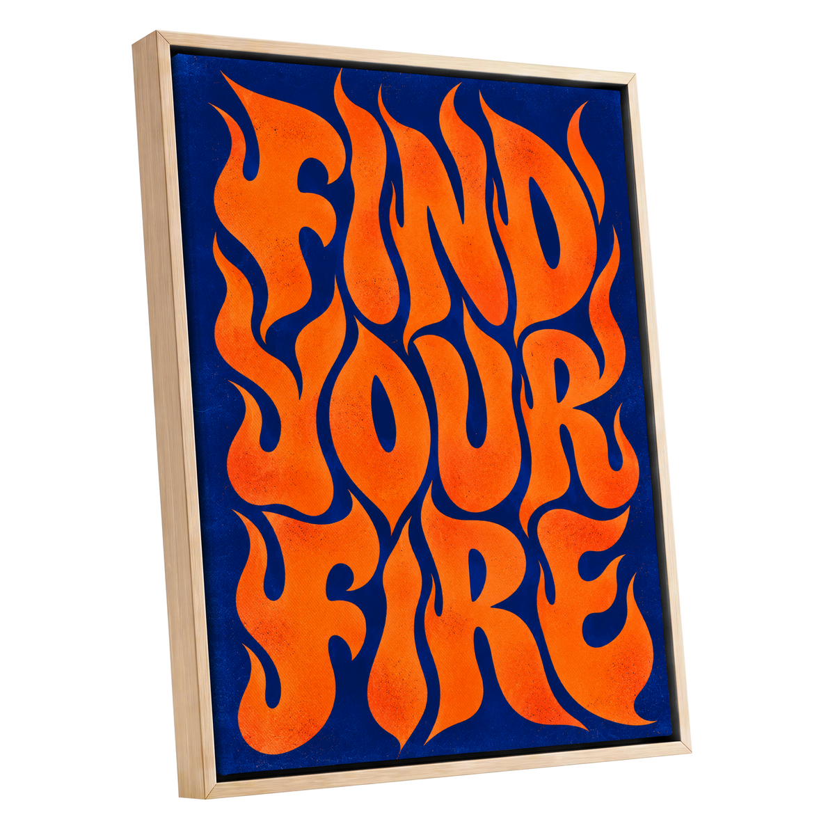 Find Your Fire, orange, blue abstract wall art shown as a oak framed canvas wall art