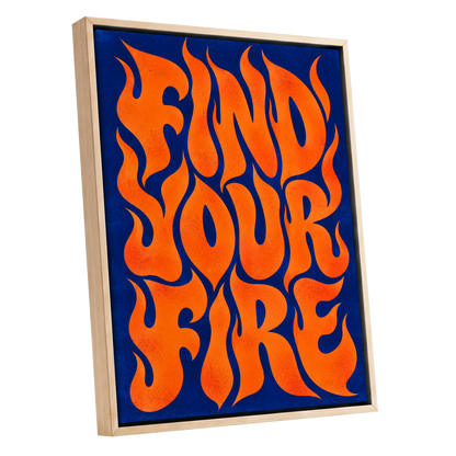 Find Your Fire, orange, blue abstract wall art shown as a oak framed canvas wall art