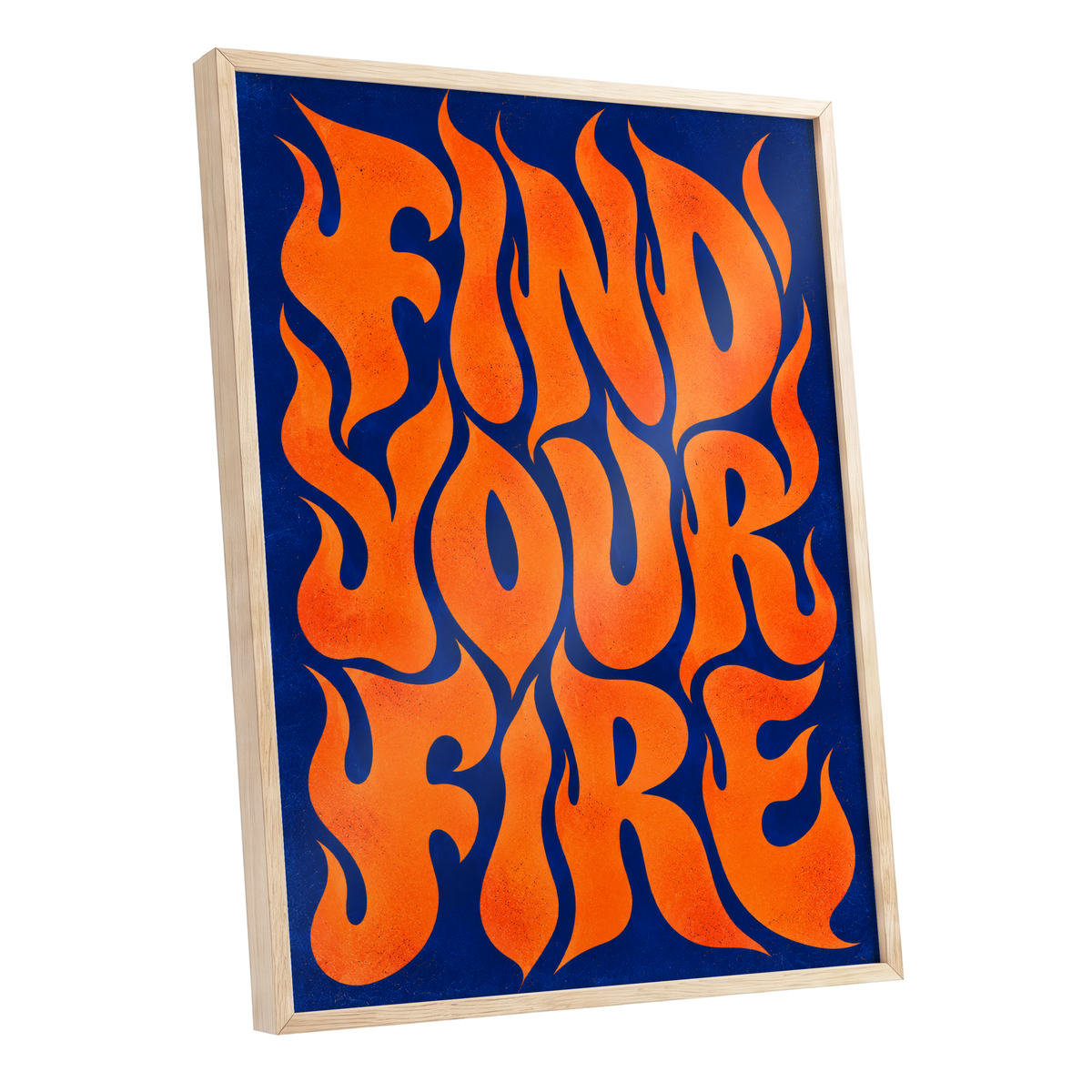 Find Your Fire, orange, blue abstract wall art shown as a oak framed poster wall art print