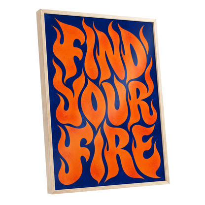 Find Your Fire, orange, blue abstract wall art shown as a oak framed poster wall art print
