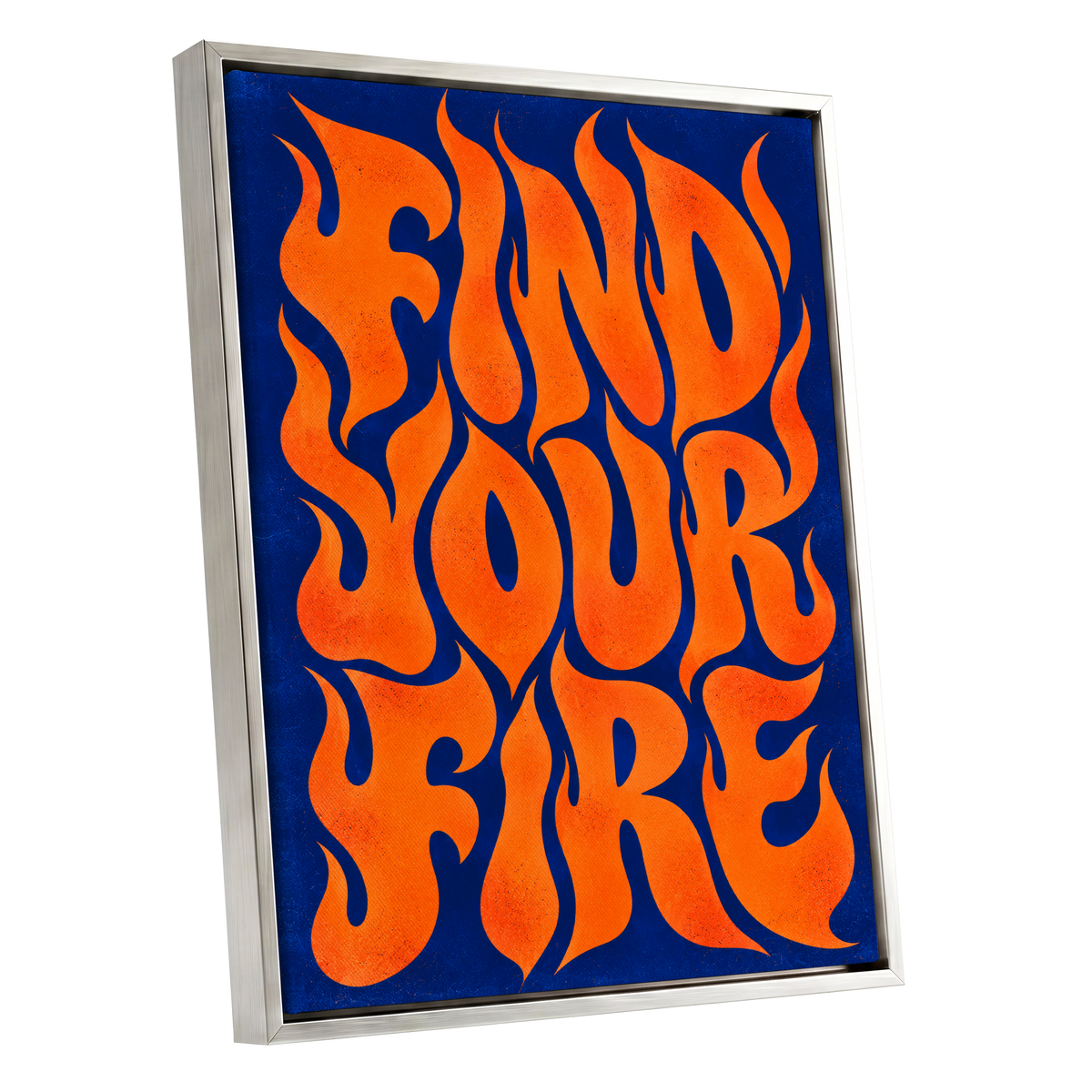 Find Your Fire, orange, blue abstract wall art shown as a silver framed canvas wall art