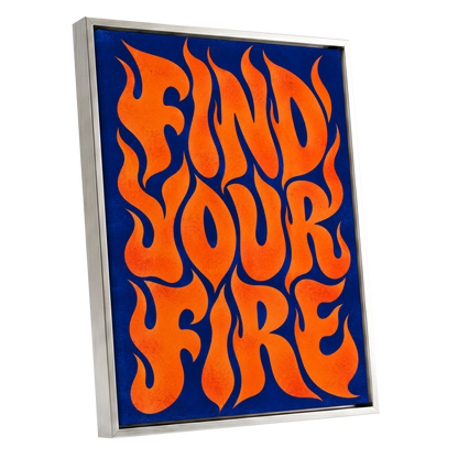 Find Your Fire, orange, blue abstract wall art shown as a silver framed canvas wall art