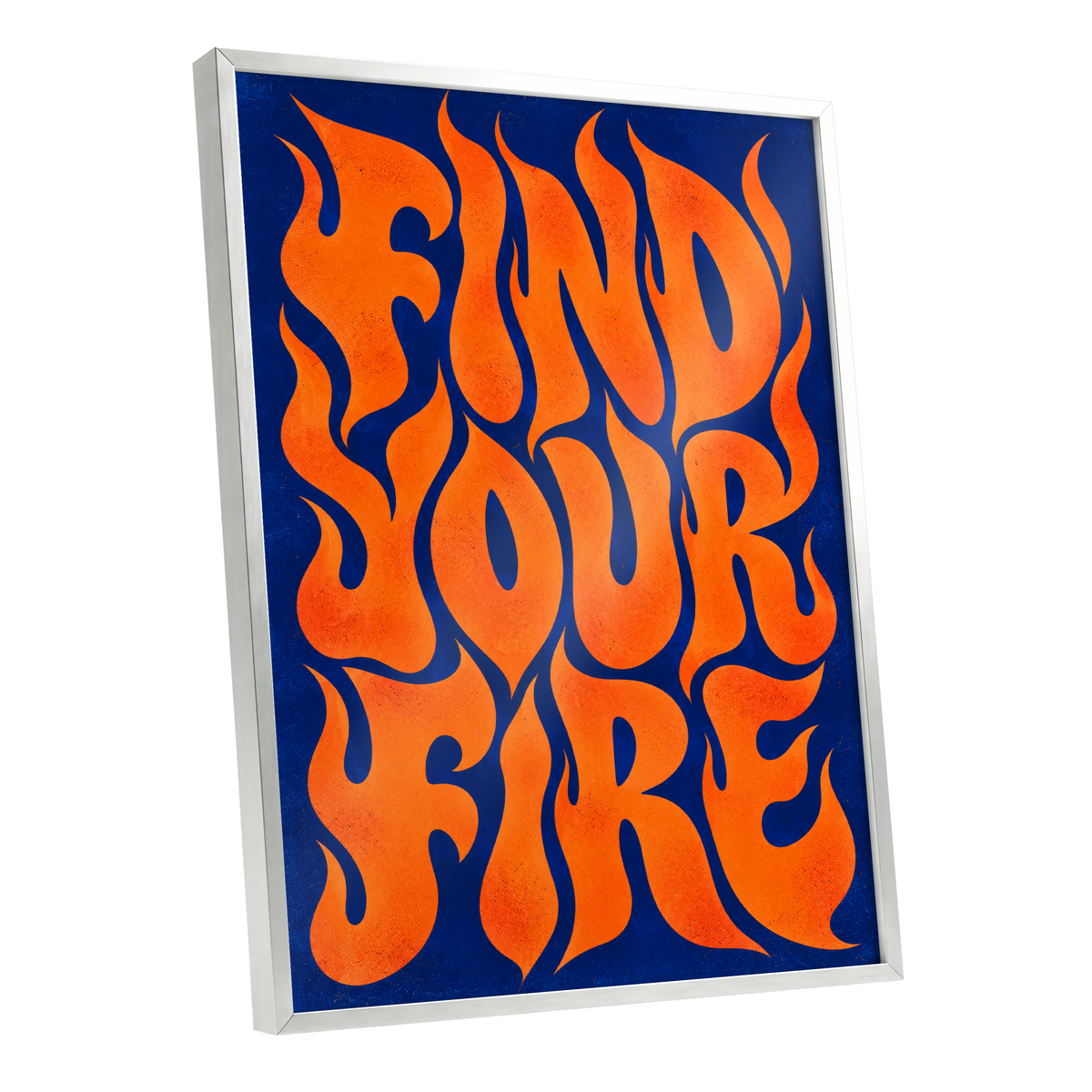 Find Your Fire, orange, blue abstract wall art shown as a silver framed poster wall art print