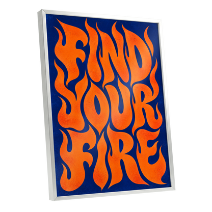 Find Your Fire, orange, blue abstract wall art shown as a silver framed poster wall art print