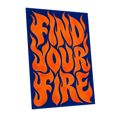 Find Your Fire, orange, blue abstract wall art shown as a unframed poster wall art print