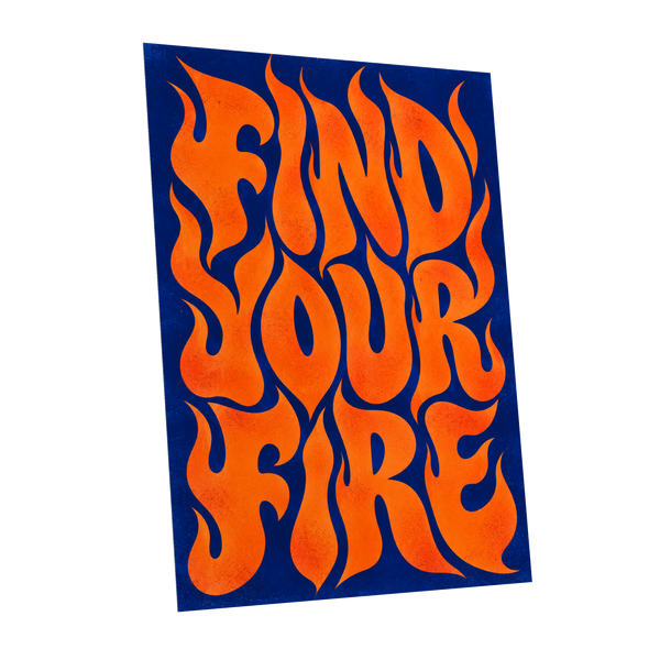 Find Your Fire, orange, blue abstract wall art shown as a unframed poster wall art print