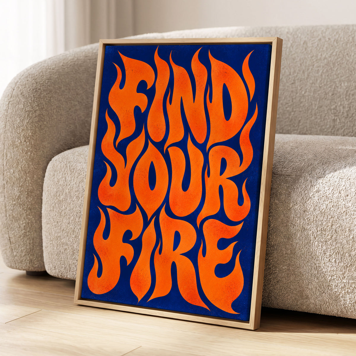 Find Your Fire, orange, blue abstract wall art displayed in a styled interior, gallery view 1
