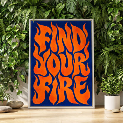 Find Your Fire, orange, blue abstract wall art displayed in a styled interior, gallery view 2