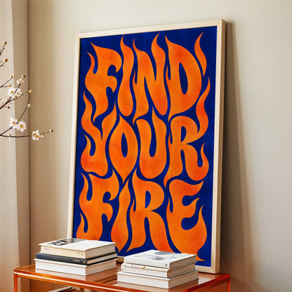 Find Your Fire, orange, blue abstract wall art displayed in a styled interior, gallery view 3