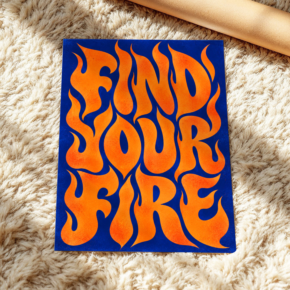 Find Your Fire, orange, blue abstract wall art displayed in a styled interior, gallery view 4