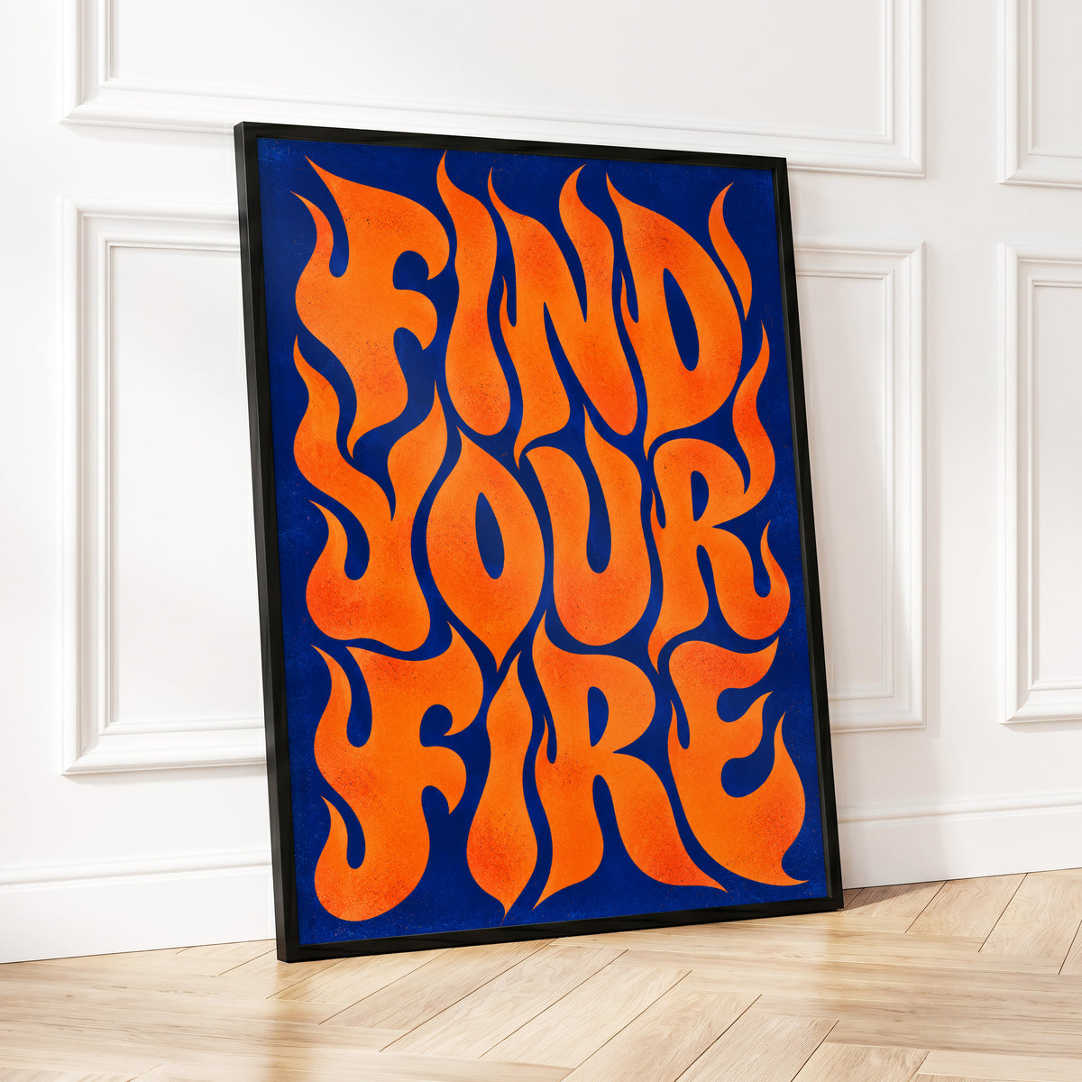 Find Your Fire, orange, blue abstract wall art displayed in a styled interior, gallery view 5