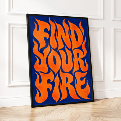 Find Your Fire, orange, blue abstract wall art displayed in a styled interior, gallery view 5