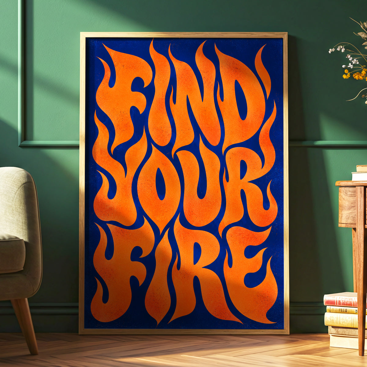 Find Your Fire, orange, blue abstract wall art displayed in a styled interior, gallery view 6