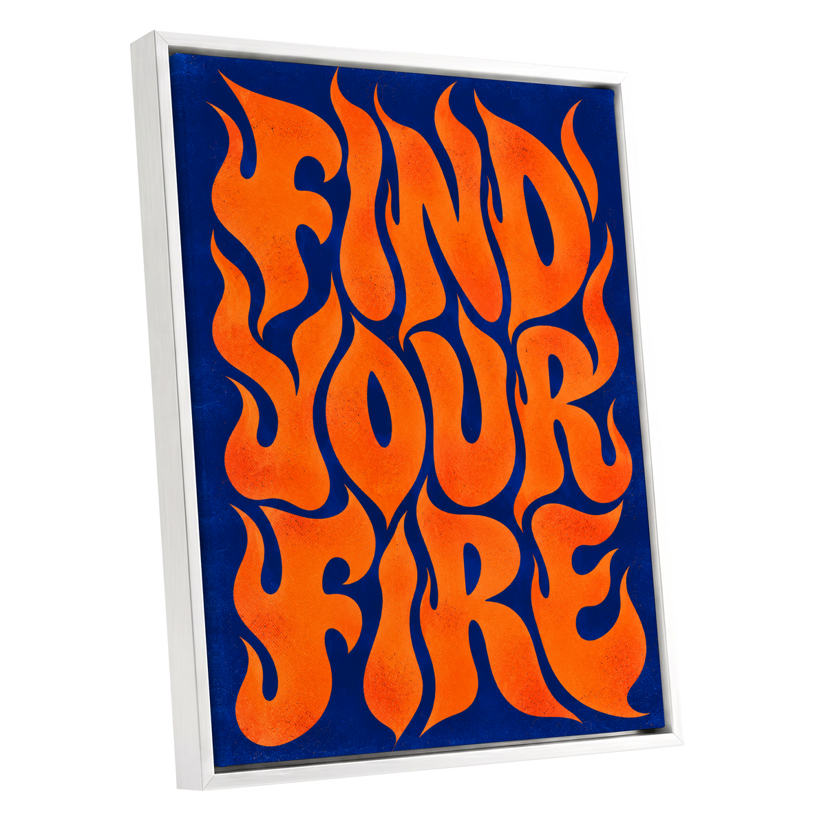Find Your Fire, orange, blue abstract wall art shown as a white framed canvas wall art