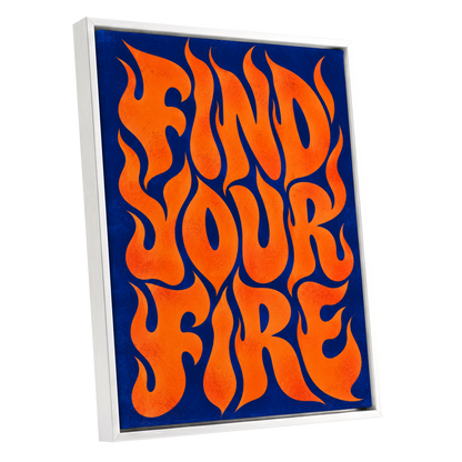 Find Your Fire, orange, blue abstract wall art shown as a white framed canvas wall art