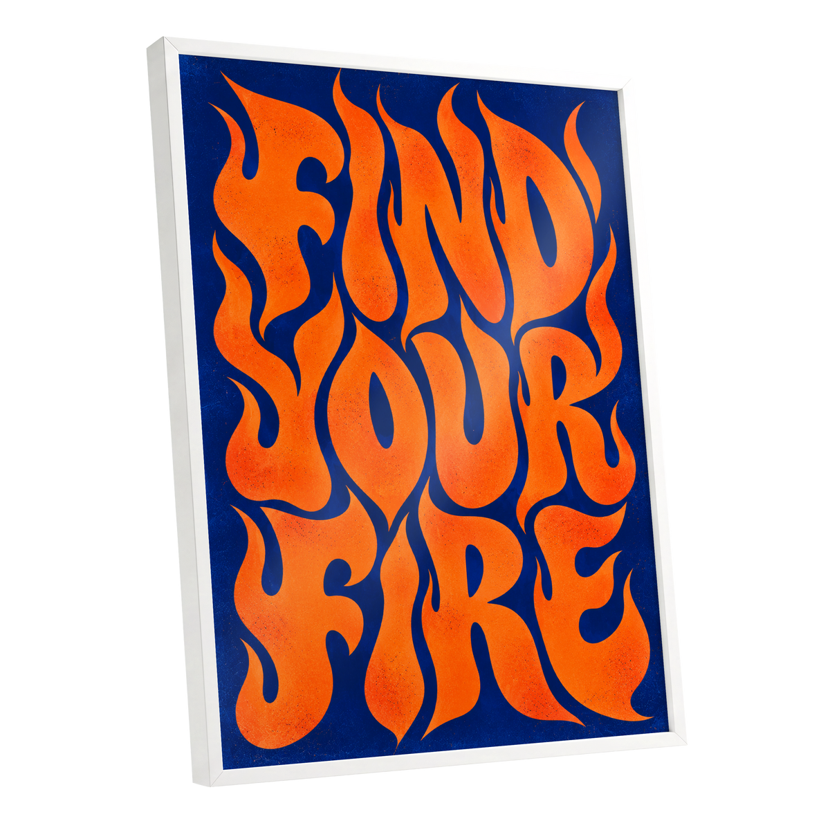 Find Your Fire, orange, blue abstract wall art shown as a white framed poster wall art print