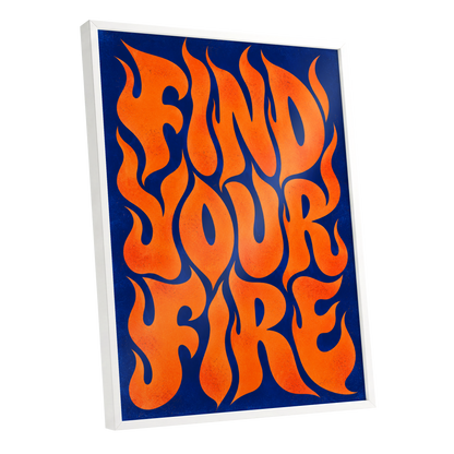 Find Your Fire, orange, blue abstract wall art shown as a white framed poster wall art print