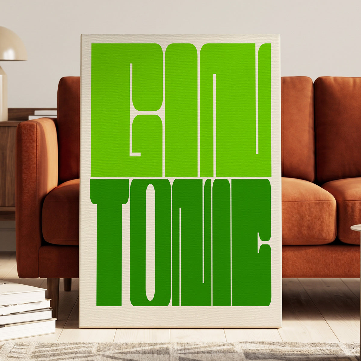 Fine Tone in Green, green, beige minimalist wall art on canvas displayed in a styled interior, gallery view 1