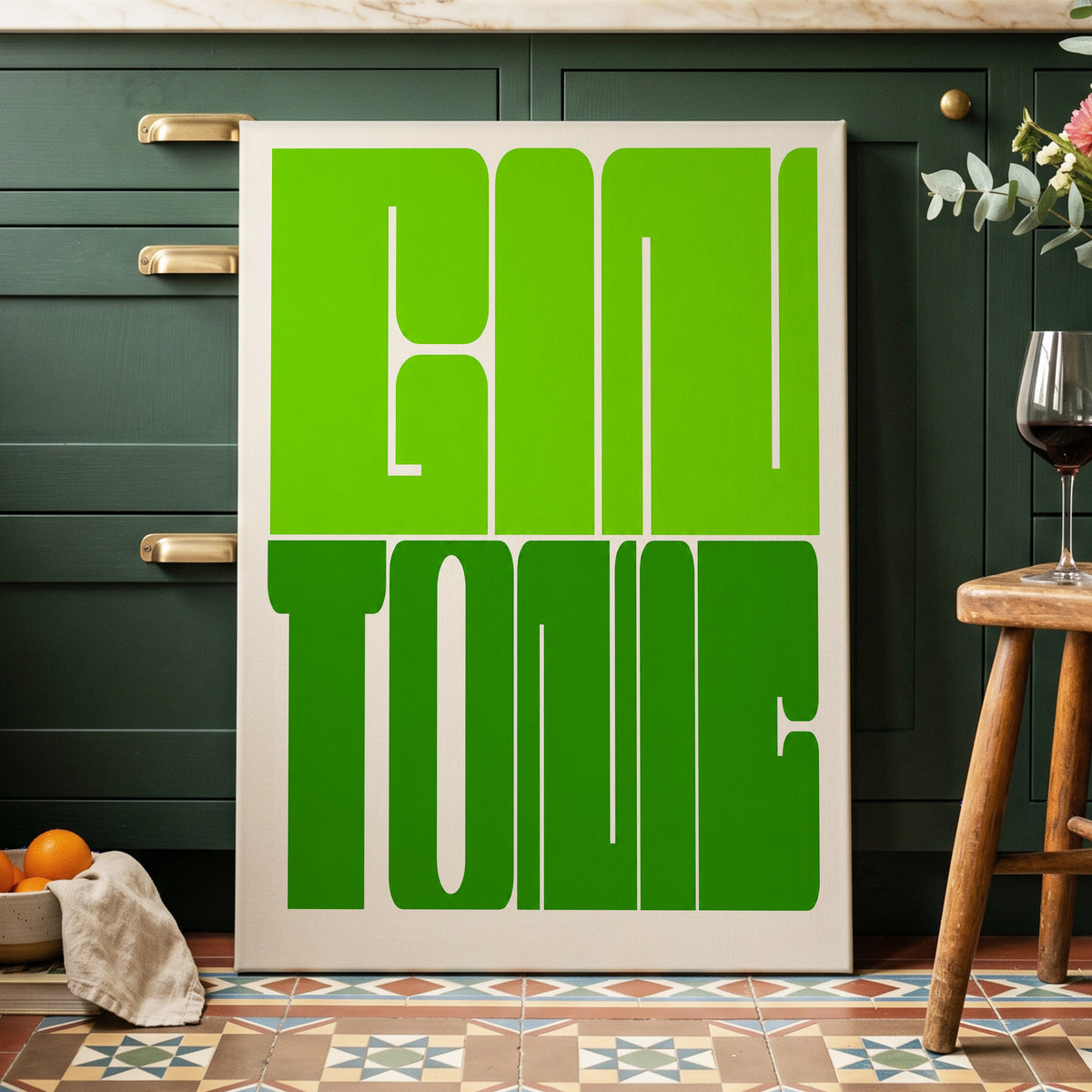 Fine Tone in Green, green, beige minimalist wall art on canvas displayed in a styled interior, gallery view 2