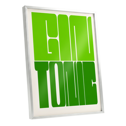 Fine Tone in Green, green, beige minimalist wall art shown as a silver framed poster wall art print