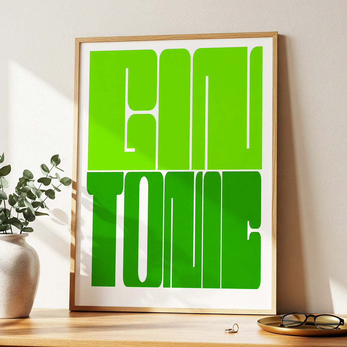 Fine Tone in Green, green, beige minimalist wall art displayed in a styled interior, gallery view 2
