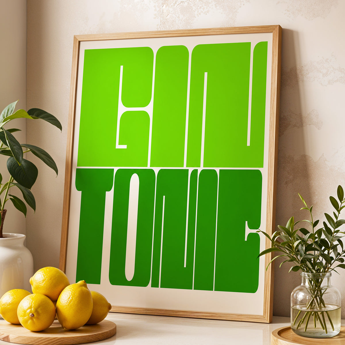 Fine Tone in Green, green, beige minimalist wall art displayed in a styled interior, gallery view 3
