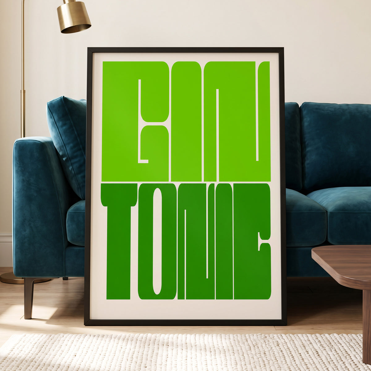 Fine Tone in Green, green, beige minimalist wall art displayed in a styled interior, gallery view 5