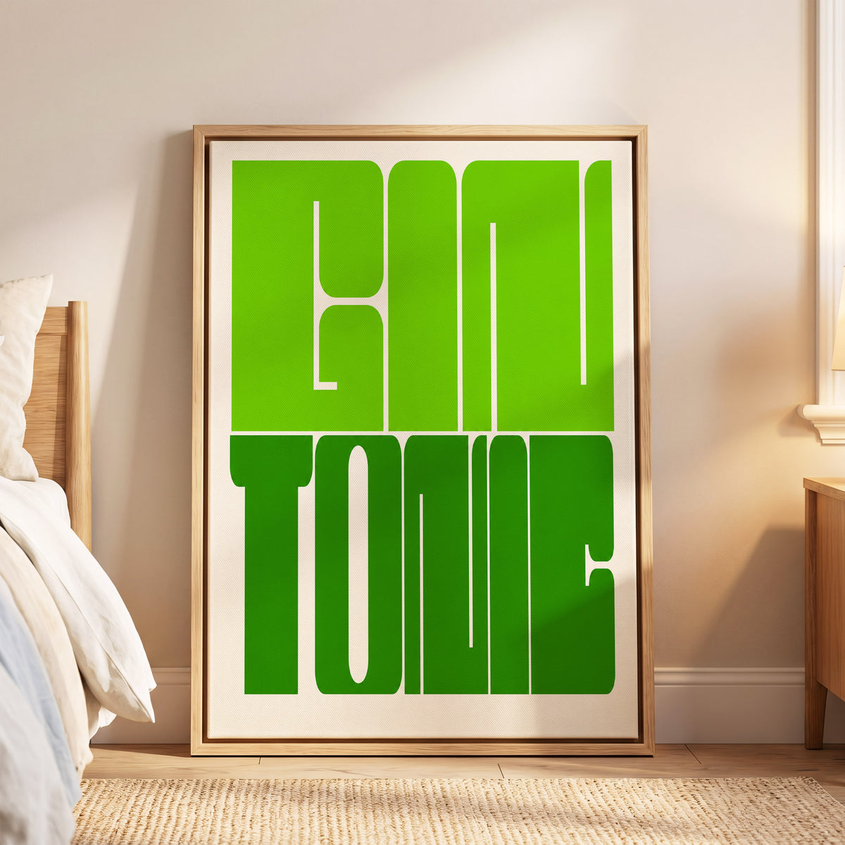 Fine Tone in Green, green, beige minimalist wall art displayed in a styled interior, gallery view 6
