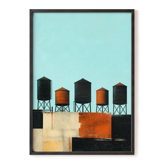 Five Against the Sky, blue, orange, black minimalist wall art, front artwork view