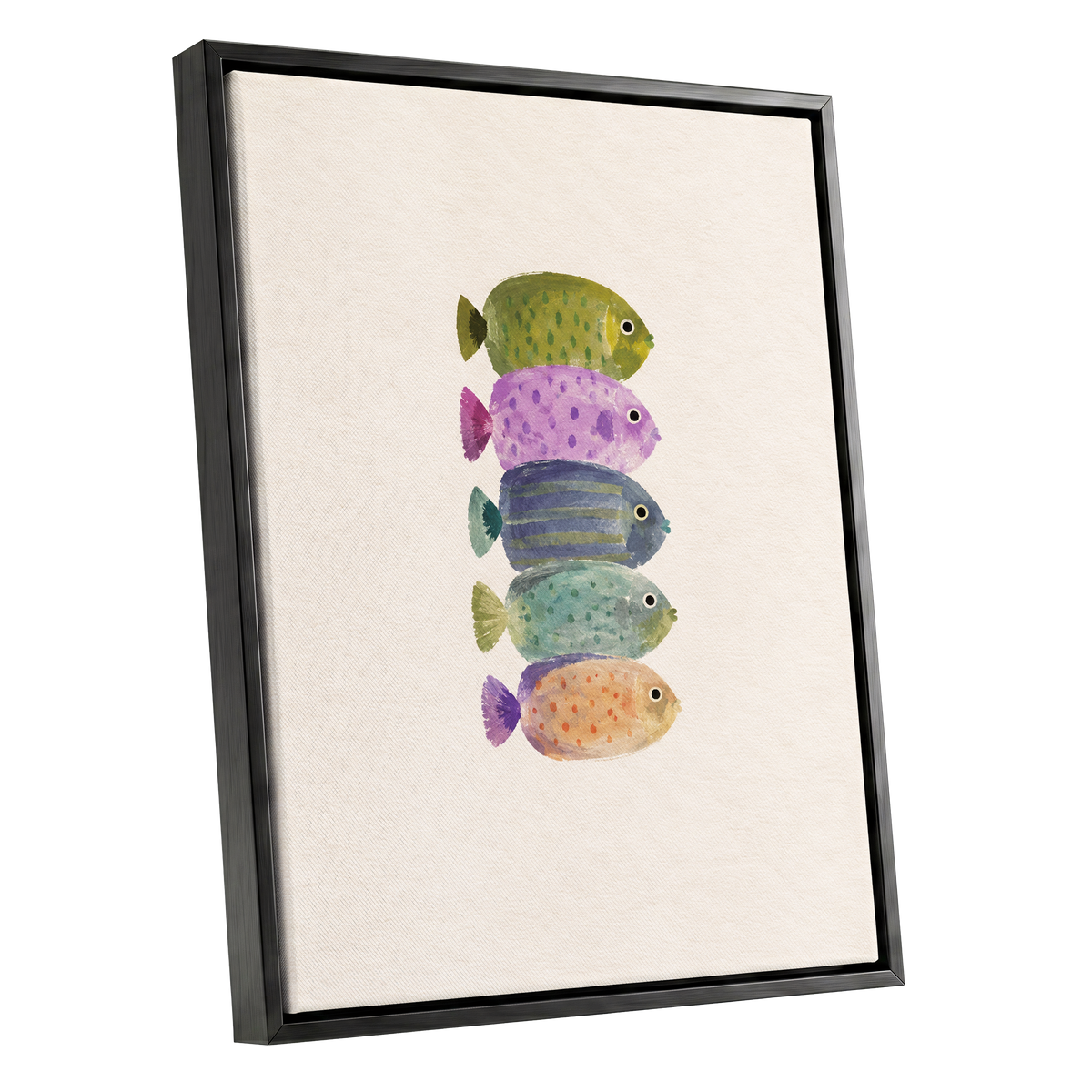 Five Little Swimmers, beige, green, purple nature wall art shown as a black framed canvas wall art