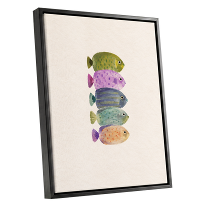 Five Little Swimmers, beige, green, purple nature wall art shown as a black framed canvas wall art
