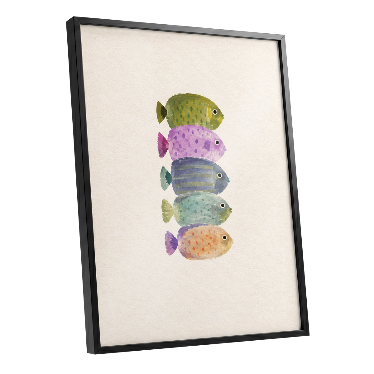 Five Little Swimmers, beige, green, purple nature wall art shown as a black framed poster wall art print