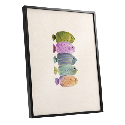 Five Little Swimmers, beige, green, purple nature wall art shown as a black framed poster wall art print
