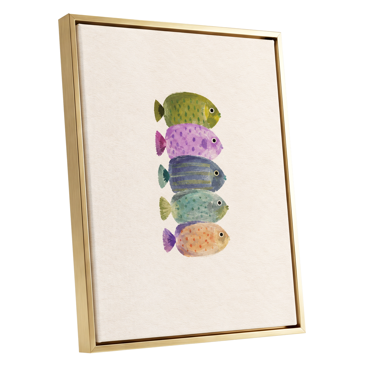 Five Little Swimmers, beige, green, purple nature wall art shown as a gold framed canvas wall art