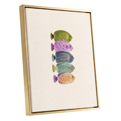 Five Little Swimmers, beige, green, purple nature wall art shown as a gold framed canvas wall art
