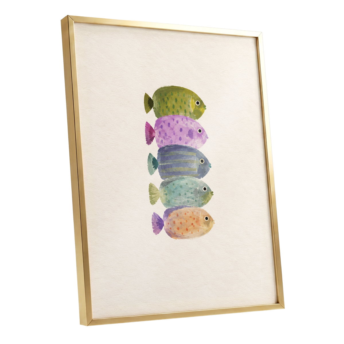 Five Little Swimmers, beige, green, purple nature wall art shown as a gold framed poster wall art print