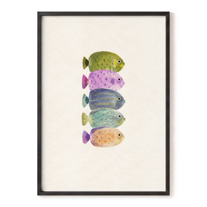 Five Little Swimmers, beige, green, purple nature wall art, front artwork view